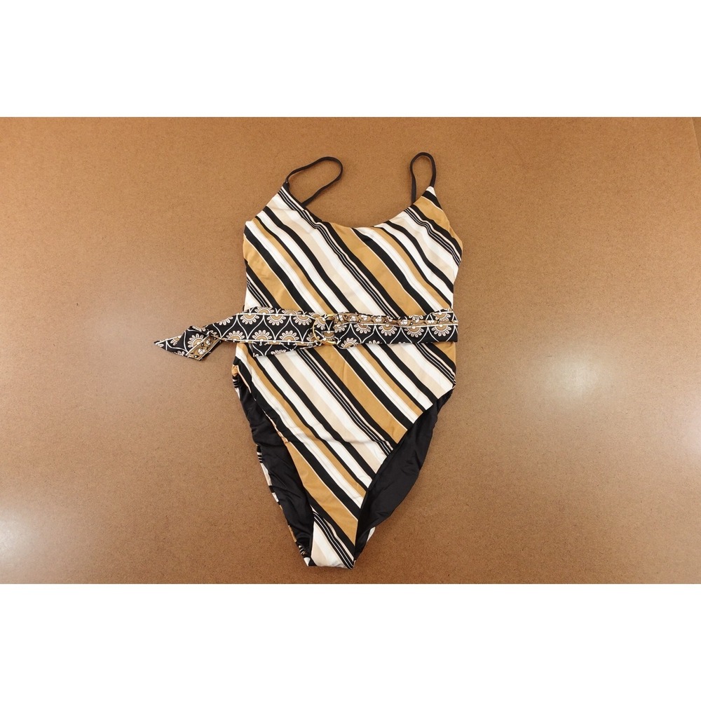 Sunshine 79 Womens Size 8 Reversible Stripe/Black Belted One-Piece Swimsuit NWT
